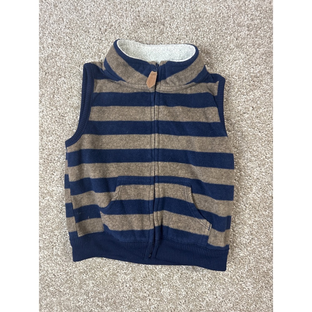 Boys Navy Blue Brown Striped Fleece Full Zip Vest Sherpa Lined Neck Mock Neck